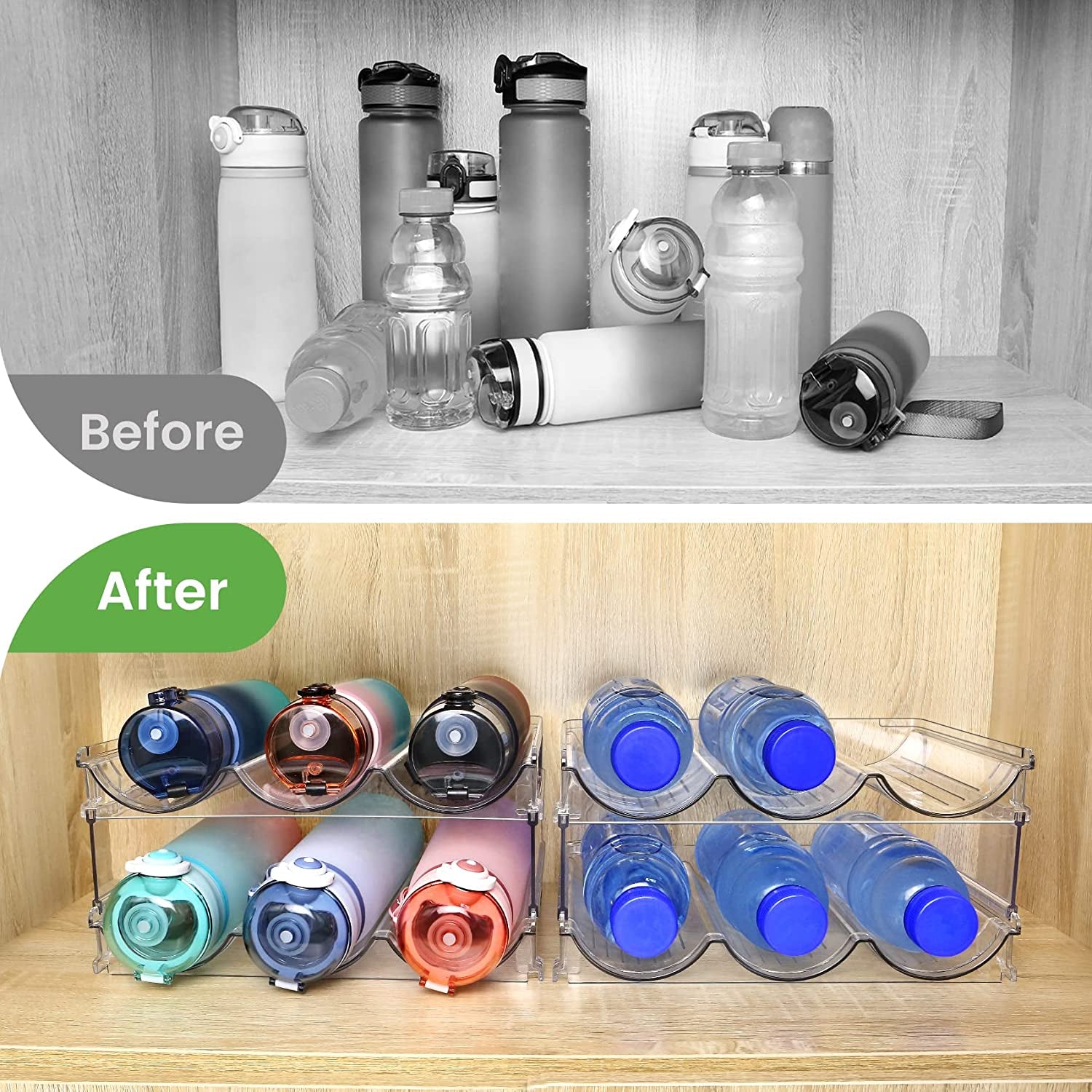 Stackable Water Bottle Organizer Rack – 2-Pack Cabinet Storage Solution. Sleek & Space-Saving Design for Kitchen or Pantry