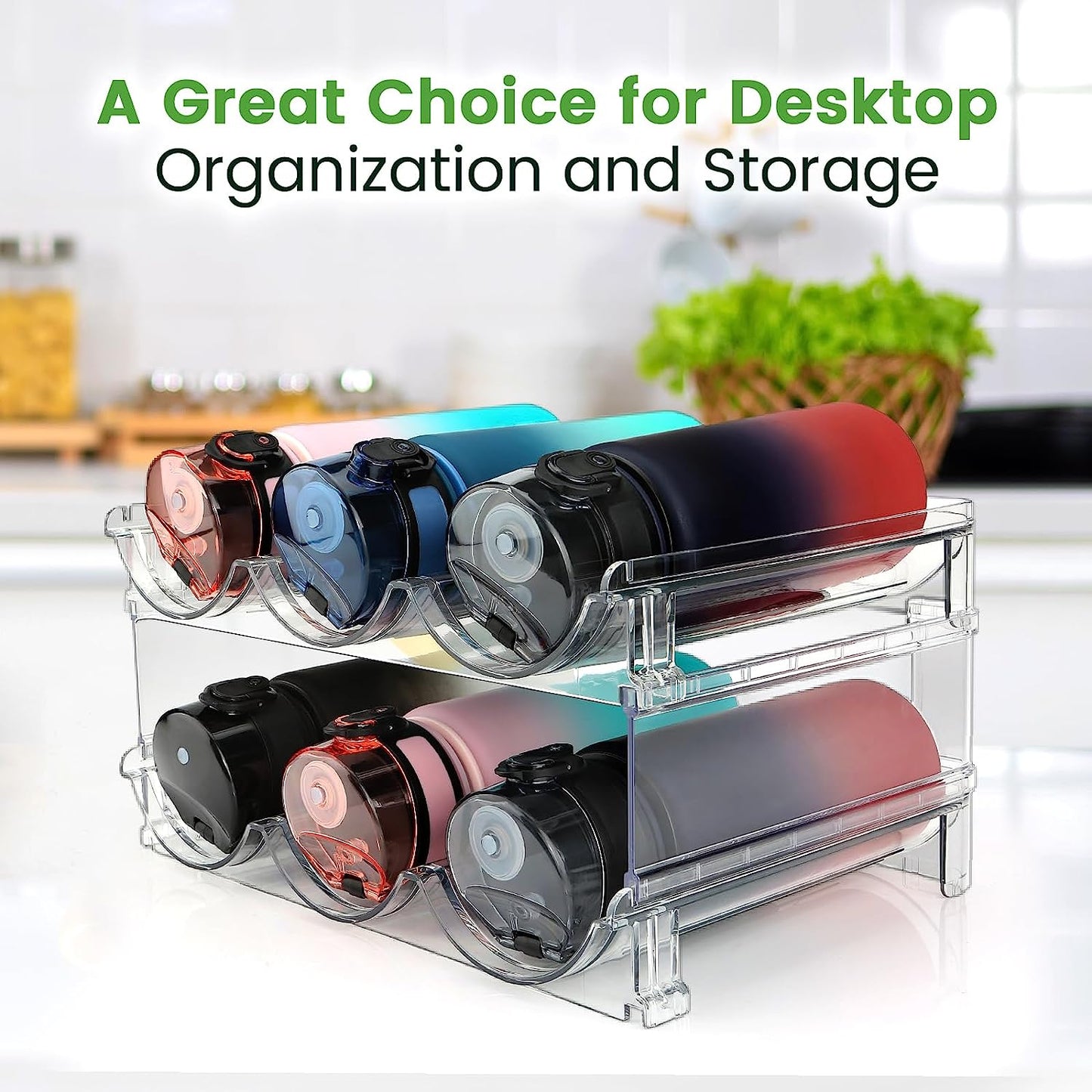 Stackable Water Bottle Organizer Rack – 2-Pack Cabinet Storage Solution. Sleek & Space-Saving Design for Kitchen or Pantry